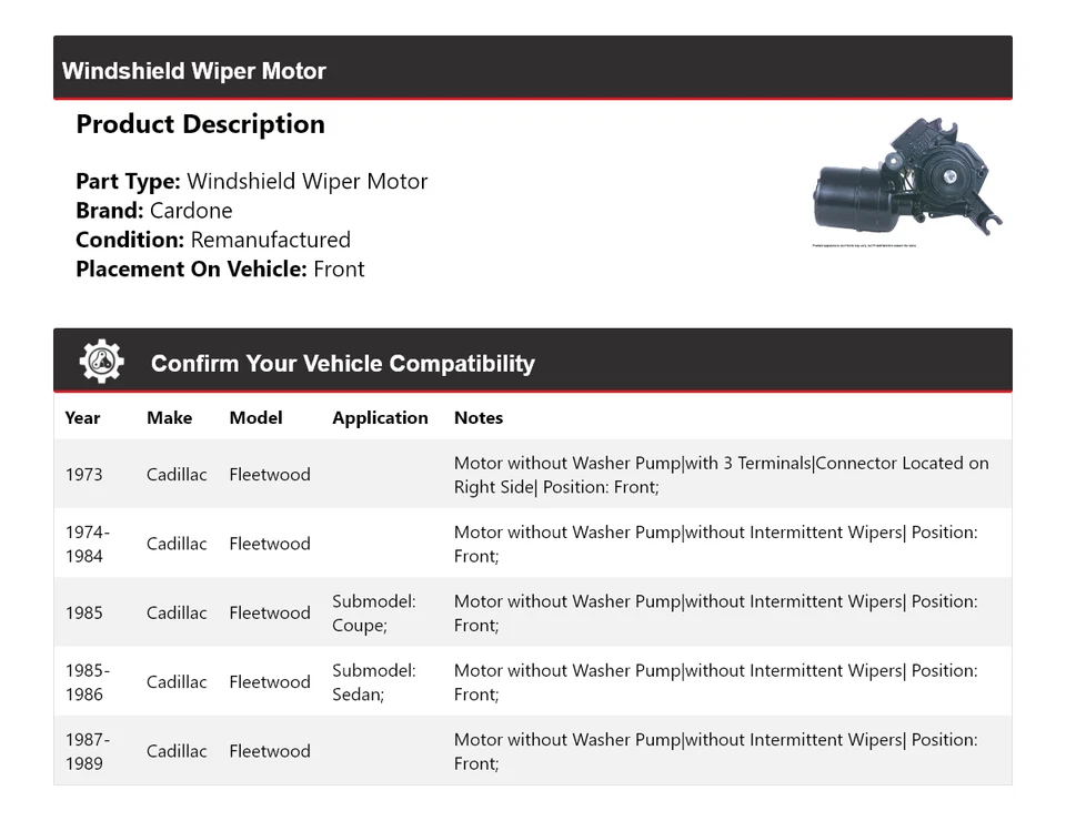 Para Cadillac Fleetwood 1973-1989 Limpiaparabrisas Motor Delantero Cardone 1974 1975 Foto 2 de 4