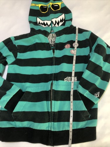 VOLCOM boys Striped Black/green Zipper Hoodie Shark With Sun Glasses Sz 6L. - Picture 2 of 7