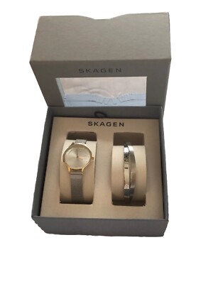 Skagen Signature Two Tone Stainless Mesh Wrist Watch And Bracelet Set for Women