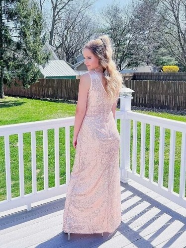 Women Sequin Prom Party Gown Sexy Evening Bridesmaid Long Dresses ROSE GOLD SZ 6 - Picture 3 of 12