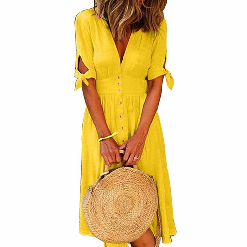 Women Summer Tie Waist Midi Dress V Neck Short Bow Sleeve Sundress Beach Casual - Bild 10 von 17