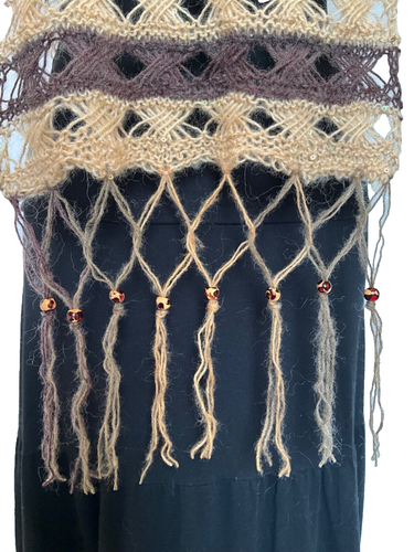 OBD Handmade, Hand Knit, Indian Lace, Earth-Toned, Striped Scarf w/Fringe & Bead - Picture 9 of 10