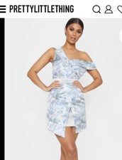 Prettylittlething silver asymmetric Bardot jacquard blazer dress size 4 NWT