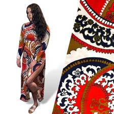 Long Sleeve 70s Vintage Maxi Dress Polyester Hippie Red White Blue Tori Richard