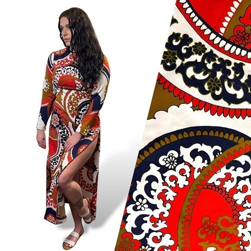 Long Sleeve 70s Vintage Maxi Dress Polyester Hippie Red White Blue Tori Richard - Picture 1 of 5