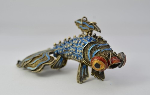 Vtg Sterling Silver Enamel Articulated Fish Pendant Moving Body Sculpture 20th C - Picture 5 of 8