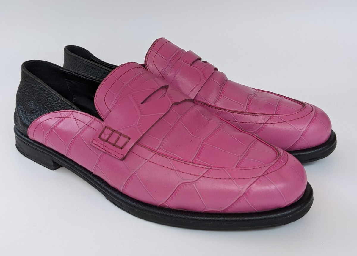Loewe Mens Pink and Black Croc Effect Leather Loafers Size 40 EU