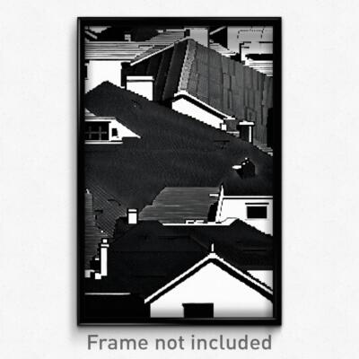 Pixel Art Poster - Black And White Rooftops (8 Bit Psychedelic Video Game Print)