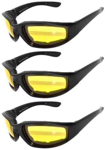 3 PAIR COMBO Padded Sunglasses Motorcycle Riding Glasses 3 Yellow Night Driving - Picture 1 of 3