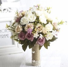 Rustic Burlap Flower Bouquet Lace Pearls Handmade Bridal Flower Wedding Decor