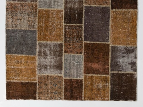 Modern Patchwork Rug in Shades of Brown and Gray, Handmade Turkish Wool Carpet - Picture 3 of 5