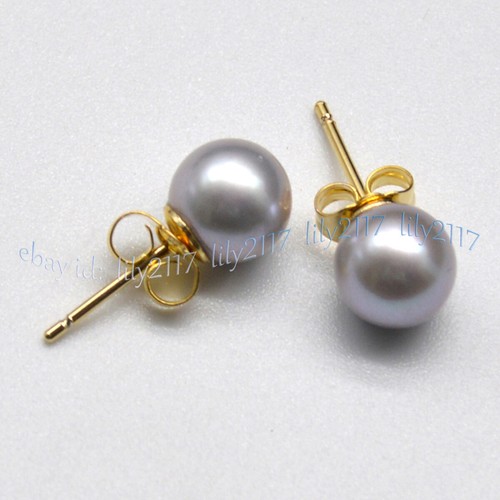 AAA Perfect Round Silver Gray Akoya Real Natural Pearl 14K Gold Stud Earrings - Picture 2 of 12