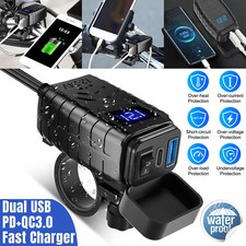 QC 3.0 Motorcycle Dual USB Phone GPS Quick Charger Adapter Blue LED Waterproof
