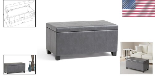 Versatile Storage Ottoman Bench in Stone Grey Faux Leather - 36" Wide Design - Picture 2 of 14