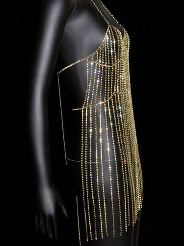 Shiny Rhinestone Dress, Women Diamond Tassel Body Chain, Full Rhinestone Dress - Picture 4 of 6