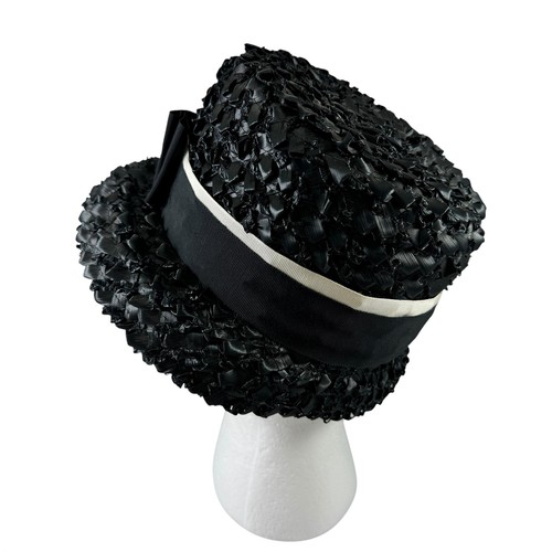 Valerie Modes Black Bucket or Lampshade Hat Straw Raffia Nylon Vintage 1960s - Picture 5 of 7