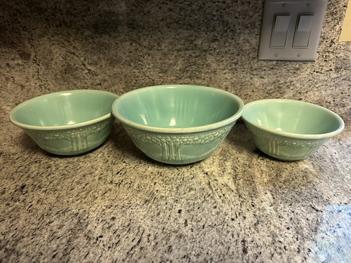 1930's Homer Laughlin Orange Tree Nesting Mixing Bowls Turquoise (Set Of 3) - Picture 5 of 9