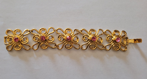 Vintage rosa Strass goldfarben Blumen Box Kette Gliederarmband 7,5" - Bild 14 von 15
