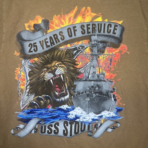 USS Stout US Navy Destroyer T-Shirt Herren Gr. M hellbraun 2-seitig Löwe 25 Jahre Service Tee - Bild 3 von 11
