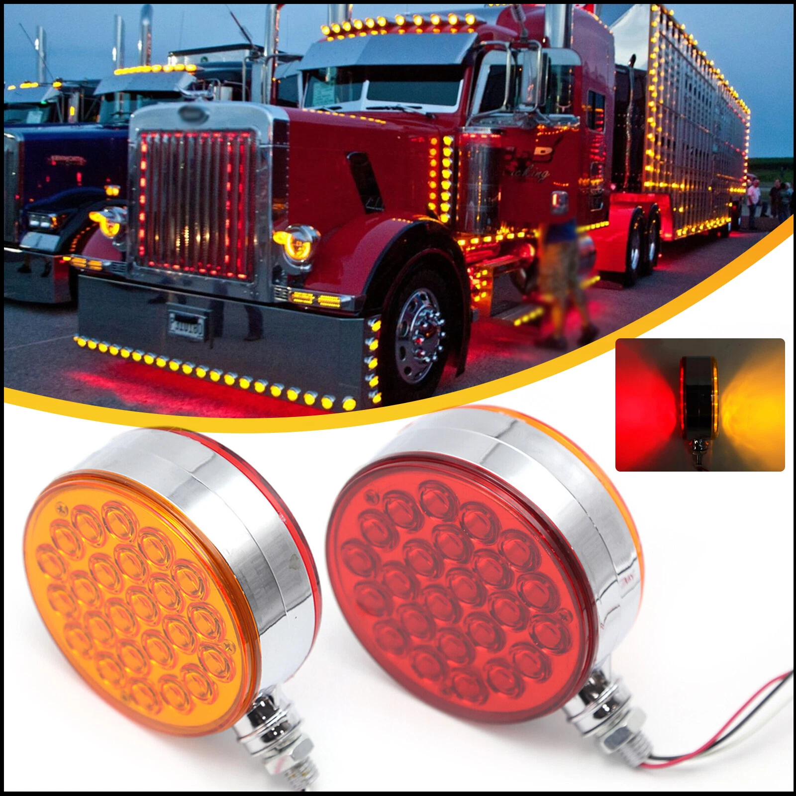 48 LED Round Dual Face Red/Amber Truck Trailer Fender Pedestal Turn Signal Light
