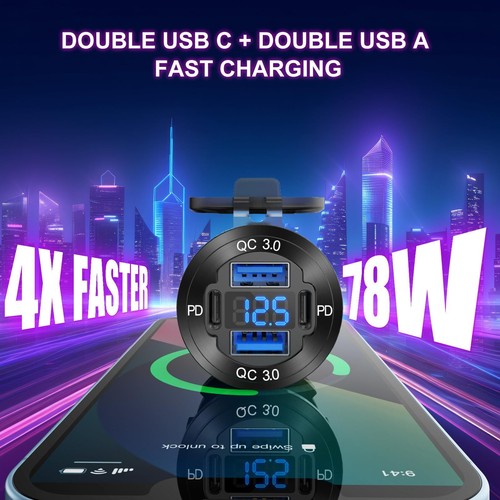 12V USB Outlet Charger 4 Port Aluminum PD QC for Car Marine RV - Photo 2 sur 7