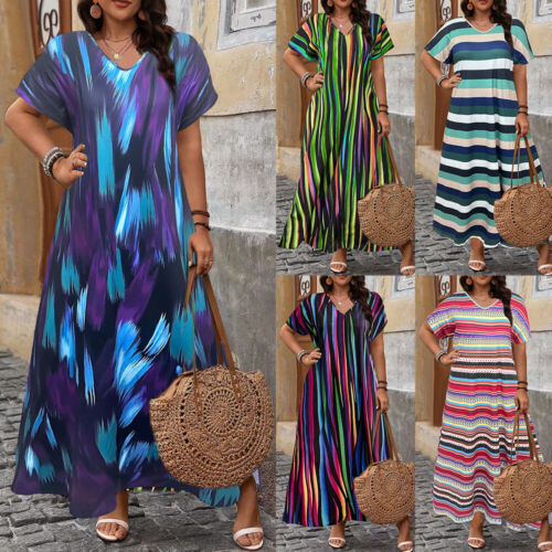 Plus Size Womens Floral Maxi Shirt Dress Summer V Neck Baggy Long Kaftan Dresses