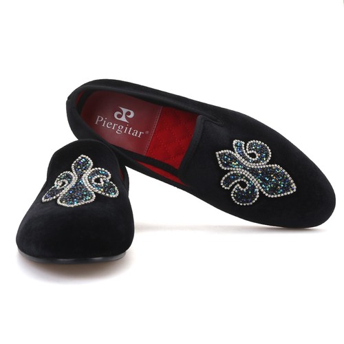 Piergitar Kristall Strass Handarbeit Herren Samt Schuhe Hochzeit und Party Halbschuhe - Bild 1 von 16