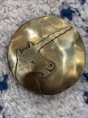 VINTAGE 1980er lEINHORN FANTASY KUNST MESSING UND KUPFER GÜRTELSCHNALLE Judy Long Neu in Verpackung - Bild 5 von 6