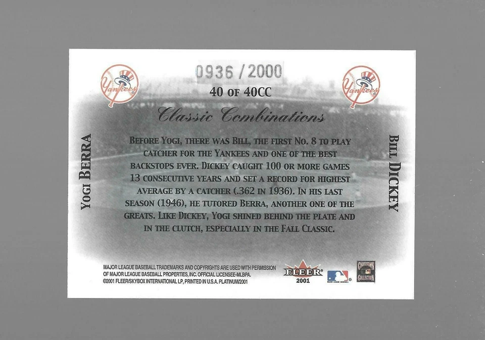 THE GREAT 8'S 2001 Yogi Berra & Bill Dickey Fleer Platinum, Classic Combos /2000 - Image 2 of 2
