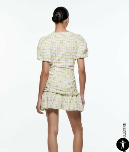 New STUNNING V-neck dress with short puff sleeves Green CHECKED DRESS purple 10 - Picture 3 of 5