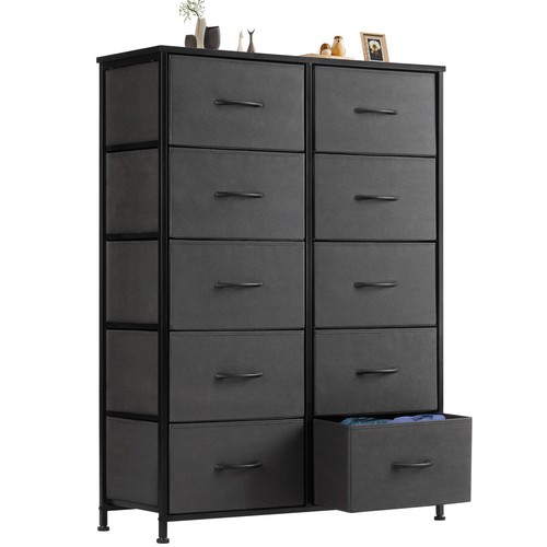 10 Fabric Drawer Tall Dresser Bedroom Wooden Top Storage Chest with Fabric Bins - Picture 21 of 36