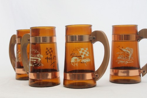 4 Siesta Ware Amber Stein 5" Mugs Wood Handles Sports Theme - Picture 3 of 6