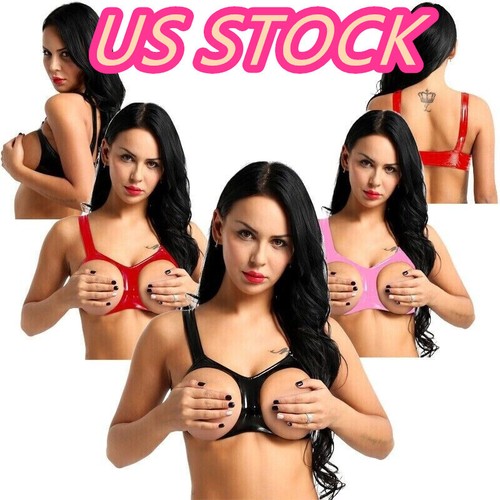 ·Damen Dessous Latex BH Oberteil Brust Brust Brustwarze offene Cups Brust Bustier Unterwäsche - Bild 1 von 36