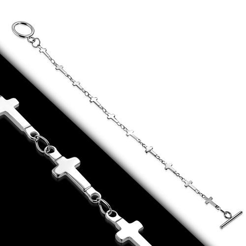 Stainless Steel Silver-Tone Cross Religious Link Bracelet Toggle Clasp - Picture 2 of 3
