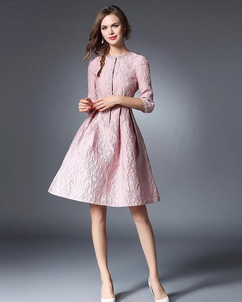 Vestito corto abito scampanato elegante rosa cipria pizzo moda manica 4813 Vestito corto abito scampanato elegante rosa cipria pizzo moda manica 4813
