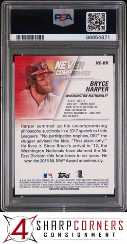 2018 STADIUM CLUB NEVER COMPROMISE ORANGE #NC-BH BRYCE HARPER #/50 POP 1 PSA 9 - Picture 2 of 4