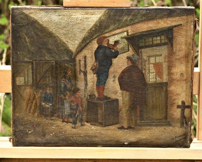 Öl auf Leinwand signiert Unbekannt Maler vor dem Haus Genreszene  Gemälde