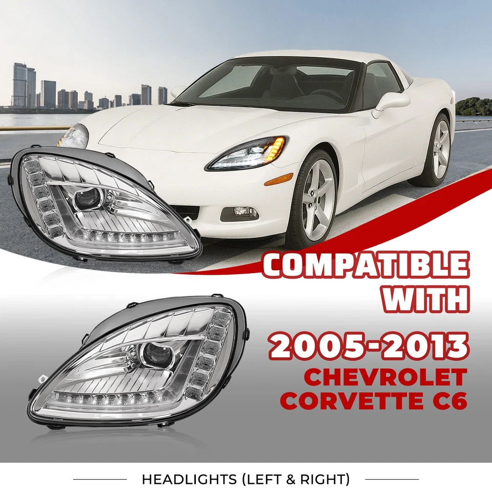 For Chevrolet Corvette C6 05-13 LED Pair Headlights Sequential LH&RH Side Chrome Foto 2 de 4