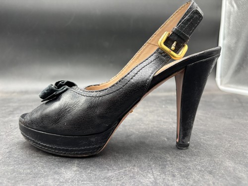 Pre-Owned Prada Black Leather Bow Acccent Slingback Sandals Size 37 - Picture 4 of 16