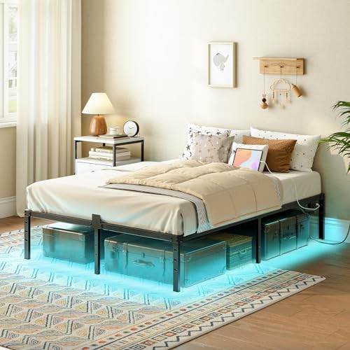 Full Bed Frame with LED Lights, Metal Platform Bed Frame with Charging - Afbeelding 2 van 6