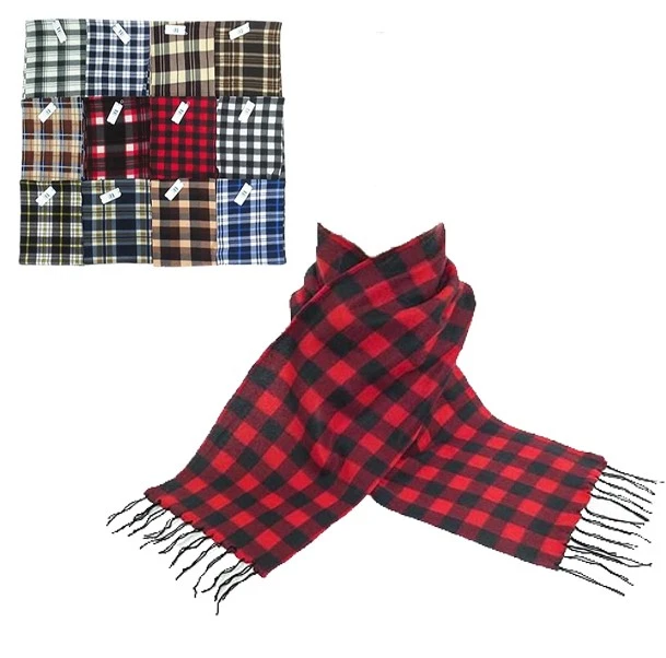 Assorted Plaid Fleece Warm Mid Weight Cozy Scarf with Fringe 12 Pack