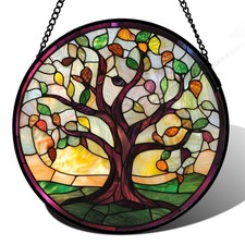 Stained Glass Window Hanging Colorful Tree of Life Large 11.8" - Green Suncat...