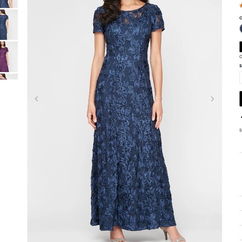 Alex Evenings Dress Womens Navy Blue Evelyn Rosette Lace Long Gown Size 16 - Picture 15 of 15