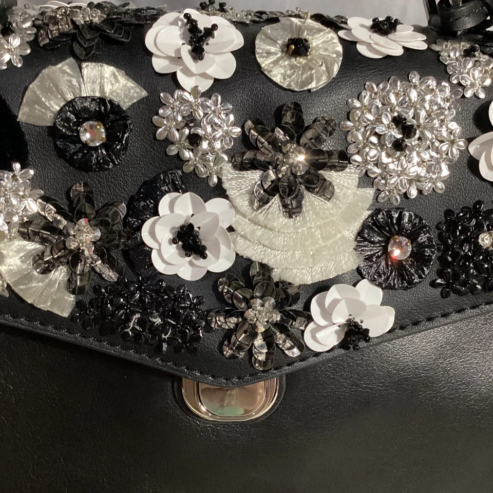 Michael Kors Black Leather Bristol Floral Embellish Satchel Crossbody Beaded - Image 4 of 4
