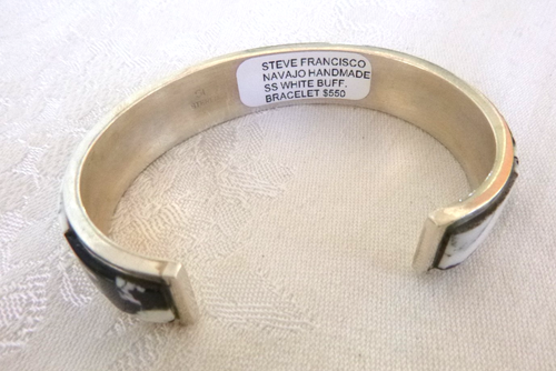 Navajo Steve Francisco Inlaid White Buffalo Cuff Bracelet 925 Sterling Silver - Picture 3 of 4