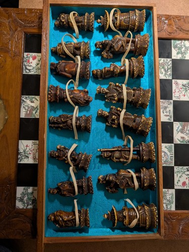 Vintage Chinese Hand Carved Soapstone Chess Set Folding Wooden Case Drawers - Picture 2 of 24