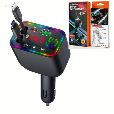 Bluetooth FM Transmitter Car Charger 4-in-1 Retractable Adapter Fast Charger