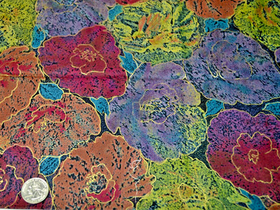 Rhapsody Fabri-Quilt Metallic Gold Florals on Black Cotton Fabric 3/4 Yard