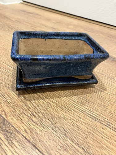 Glasierte metallisch blau rechteckige Keramik Stil Bonsaischale mit Schale 