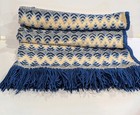 Hand Woven Afghan Blanket Throw w/Fringe Blues Beige Geometric Pattern 74"x46"